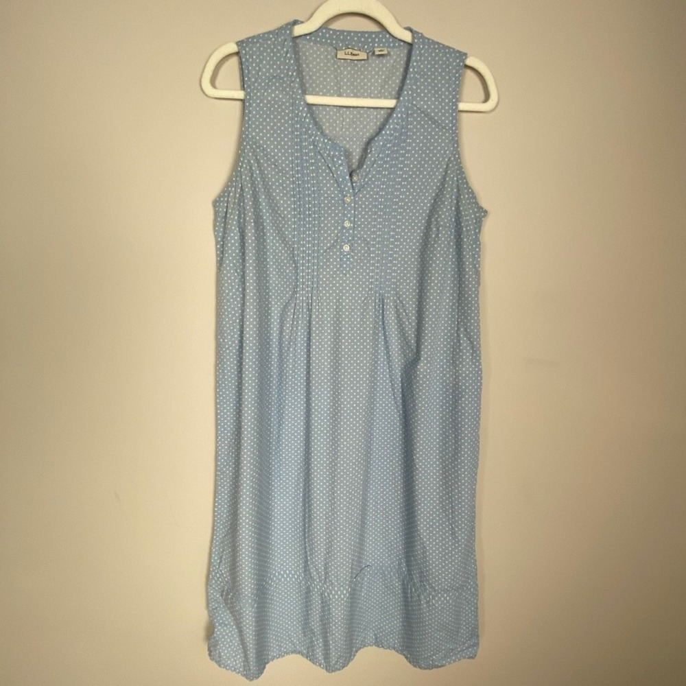 LL Bean Polka Dot Nightgown Women Small Petite Blue Sleeveless Cotton Pajamas